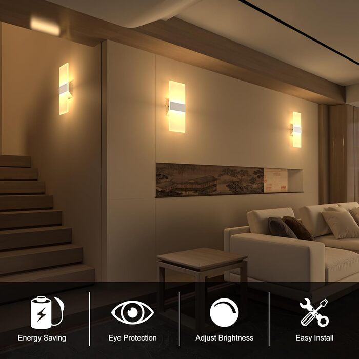 LED настінне освітлення ChangM 2 шт. 12W з вимикачем, диммер, акрил, тепле світло 2700K для дому, вітальні, спальні, сходи, коридору
