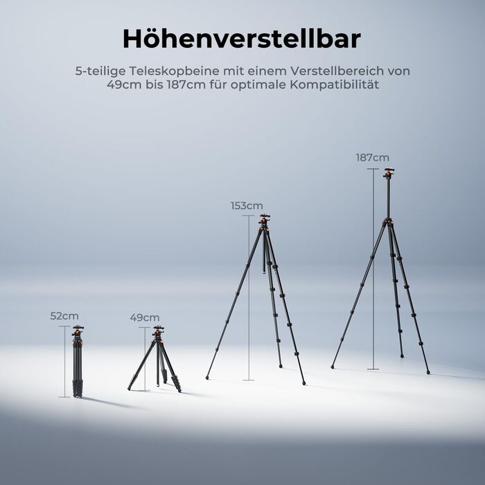 Штатив для камери та смартфона K&F Concept A305A1, 187 см, трипод з регулюванням висоти, алюміній