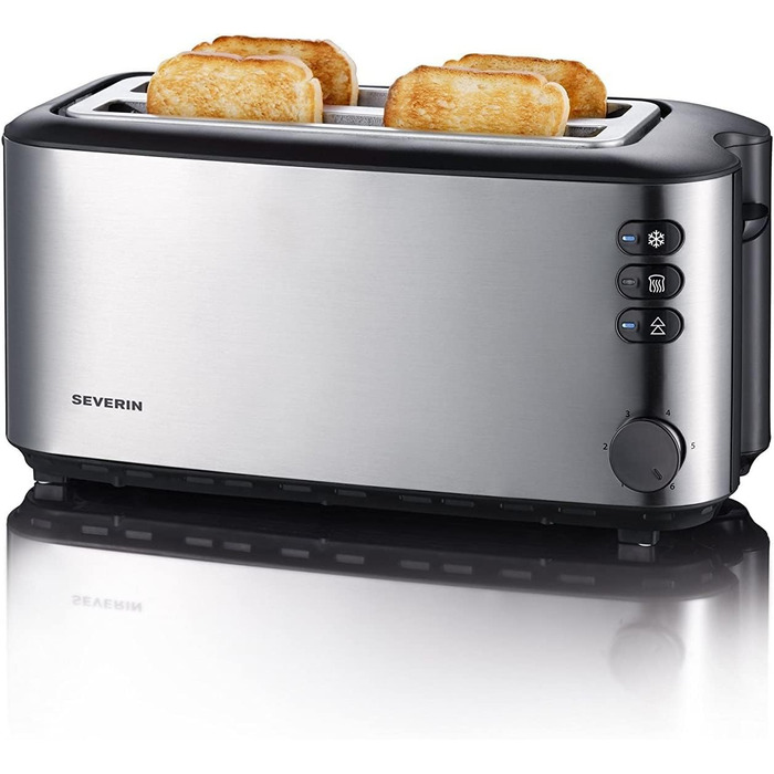 SEVERIN Automatic Long-Slot Toaster, Toaster with Roll Holder, high-quality stainless steel toaster with large toasting chambers and 1400 W power, brushed stainless steel/black, AT 2509