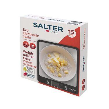 Кухонні ваги Salter 1068 SSBKDR: цифрова вага з нержавіючої сталі, 5 кг, функція тарування, вимірювання рідин (мл/fl.oz), LCD-дисплей, чорний колір, компактний дизайн, легко чистити