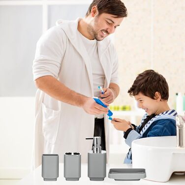 Сучасний набір для ванної кімнати на 6 предметів: мильниця, тримач для зубних щіток, дозатор мила, сміттєвий бак, стаканчик та WC-щітка з пластику та металу (сірий)