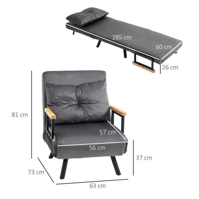 HOMCOM Sleeper Chair Single Sofa with Bed Function, Recliner with Adjustable Backrest, Velvet Look, Dark Grey | Aosom