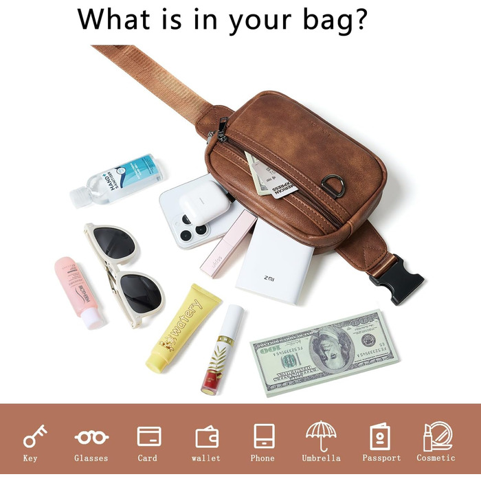 Жіноча та чоловіча поясна сумка, 2 л, веганська шкіра, коричнева, 8 дюймів, для подорожей, хайкінгу, бігу
