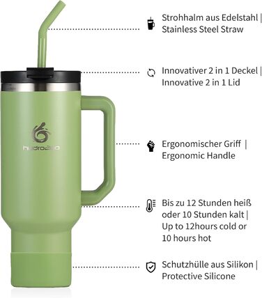 Термокружка Hydro2Go з трубочкою – BPA-free, придатна для миття в посудомийній машині, 10 год гаряче/12 год холодне, для приготування напоїв на винос (Green Tea, 1200 мл)