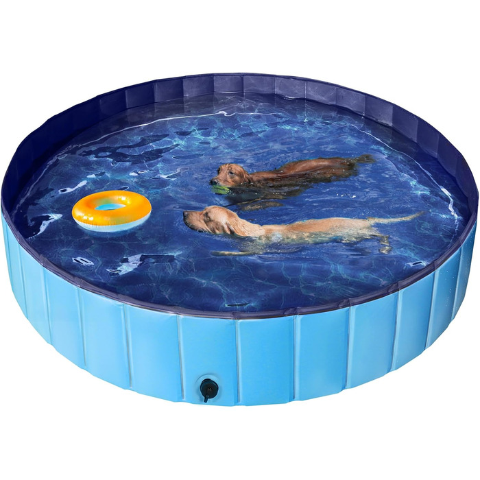 Yaheetech Foldable Dog Pool, Splash Pool for Dogs 160 x 30 cm, Anti-Slip Plates, Quick Drainage, Dog Bathtub with Bath Brush & 4 Patches, Thickened PVC Swimming Pool, Blue