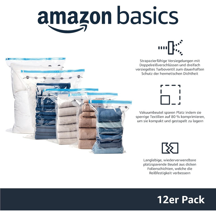 Amazon Basics Garment Bags with Airtight Valve and Hand Pump - Multiple, 3 x Jumbo, 3 x Large, 3 x Medium, 3 x Small, 12-Pack, Zipper, Transparent
