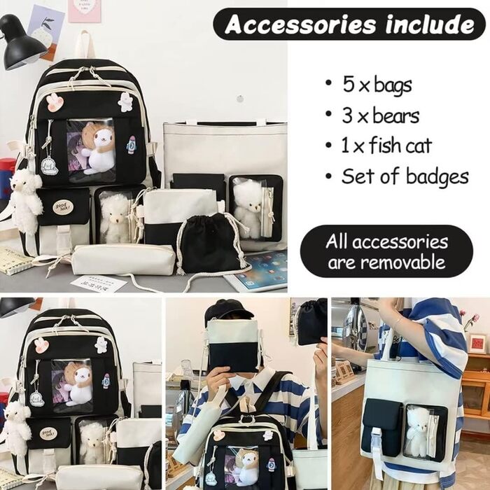 Чарівний рюкзак з милим аксесуаром, набір 5 шт. Великий рюкзак у стилі Харадзюку, трендовий рюкзак для школи, коледжу, подорожей, з нашивками (Чорний)