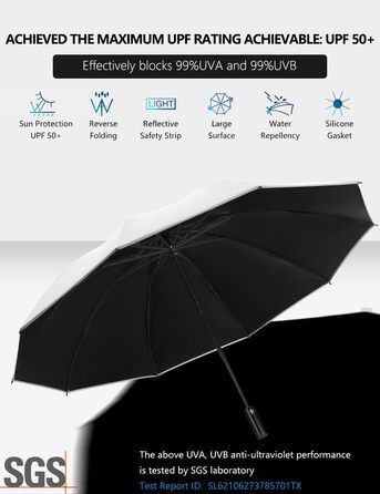 XIXVON Umbrella Pro | LSF 50+ 99% UV Protection, Reflective Safety Stripe, Stable, Windproof, Portable for Travel, Automatic | Inverted Umbrella One Size X2 Pro (White)