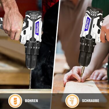 Акумуляторний шуруповерт 21V Set, білий: комплект з акумулятором 1.5Ah, швидкою зарядкою, 45Nm, 25+1 ступенів, LED-ліхтик, 26 предметів аксесуарів для ремонту та DIY