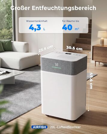 Осушувач повітря Airfish 30 л/добу, Smart WiFi, резервуар 5.5 л, авторозморожування, таймер на 24 години, 2 режими обдуву, для ванної, спальні та вітальні