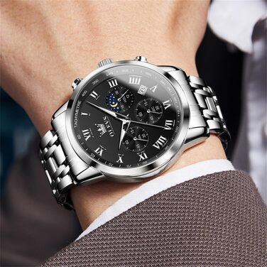Чоловічий годинник на браслеті з нержавіючої сталі, хронограф, фаза місяця, водонепроникний, кварцовий, стильний, класичний, для чоловіків, срібний, чорний, золотий, блакитний (R5529g-g-h)