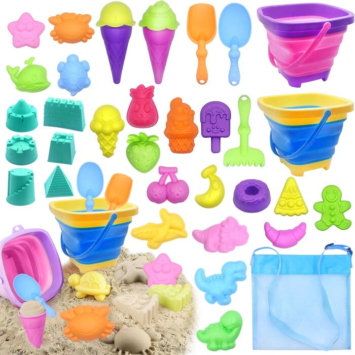 HOVIBU Beach Sand Toy for Kids, 35 Piece Beach Toy Set with Sand Shovel, Folding Bucket, Sand Molds, Mesh Bag Beach, Sandbox Toy Gifts for 3+ Years Girls Boys