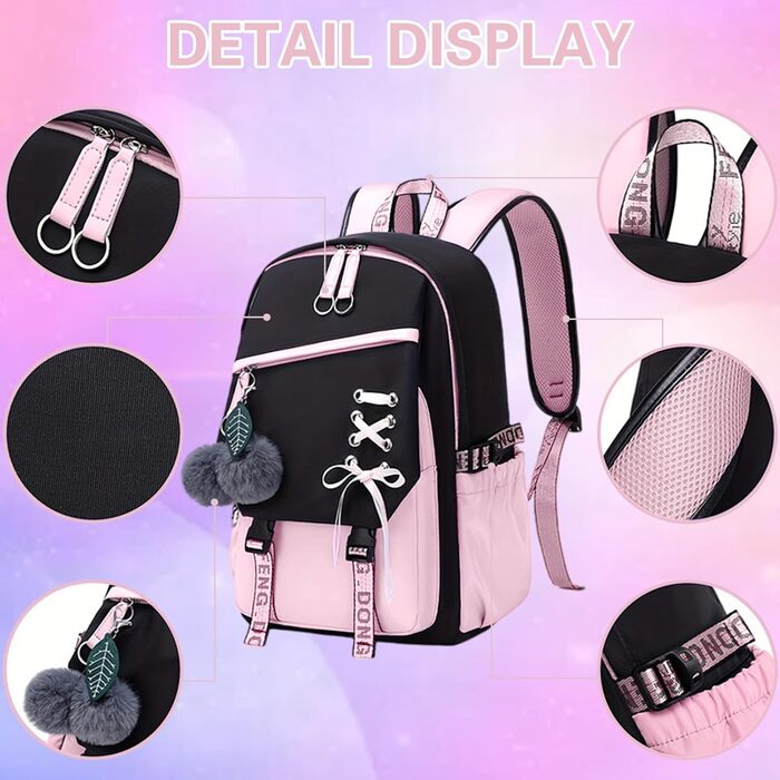 Шкільний рюкзак для дівчаток 3-6 клас, водонепроникний, з брелоком (рожевий)