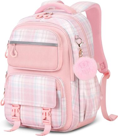 Шкільний рюкзак Tanou для дівчаток, ергономічний, великий, рожевий, з принтом в клітинку