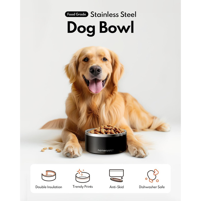 Нержавійна миска для собак HomeRunPet, 1 л з неслизьким дном, подвійні стінки, ізольована, для маленьких, середніх та великих собак, чорна