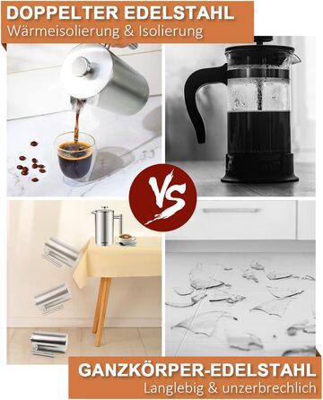 Френч-прес 1000 мл / 8 чашок, кавоварка з нержавіючої сталі, подвійні стінки, ізольована, з фільтром - 1 літр