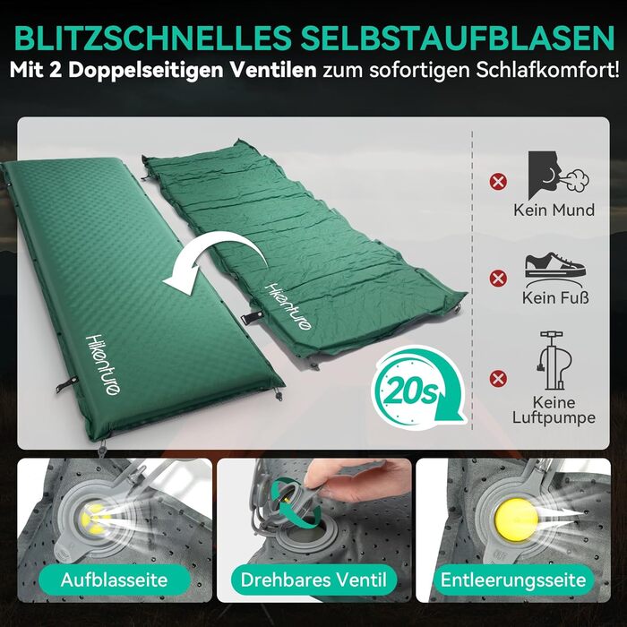 Каремат HIKENTURE самонадувний, 10 см товщини, для кемпінгу, туризму та подорожей (темно-зелений)