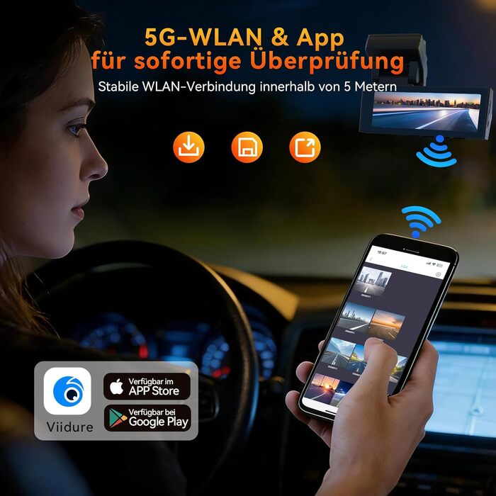 Автомобільний відеореєстратор 4K+2K з WiFi 5GHz, передня та задня камери, 64GB карта пам'яті, кут 170°, нічний режим WDR, дисплей 3.2
