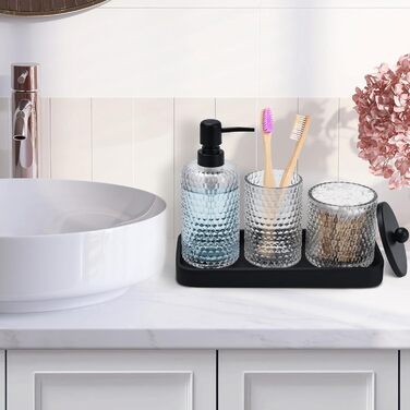 Набір аксесуарів для ванної кімнати, 4 шт., янтарне скло: диспенсер для мила, тримач для зубних щіток, контейнер для ватних паличок та піднос з штучного каміння. Організатор для стільниці, янтарний колір (прозорий та матовий чорний піднос)