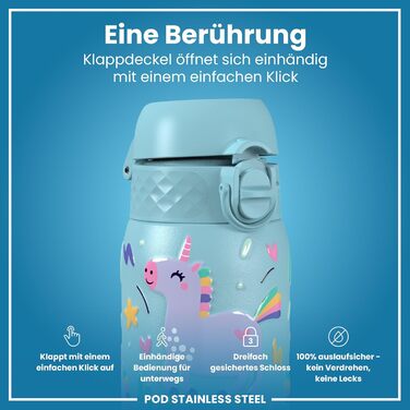 ion8 Insulated Stainless Steel Drinking Bottle 320 ml Leak-Proof One-Handed Opening Secure Locking Dishwasher Safe Flip-Top Lid Carrying Handle Easy to Clean, Durable, Unicorn (Evo, Steel, Alaskan Blue)