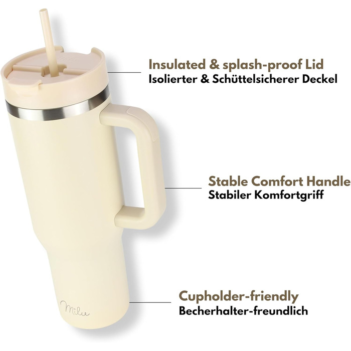 Термокружка Milu 1200 мл з трубочкою та ручкою – 48 годин льоду/24 години холод/12 годин гаряче. Нержавіюча сталь, подвійні стінки, ізольована, 1,2 л (Бежевий)
