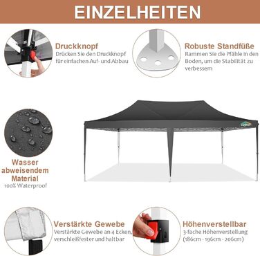 COBIZI Pavilion 3x3 Waterproof, Stable, Winter-Proof Party Tent 3x3 with 4 Side Walls Pop-Up Folding Pavilion UV Protection 50+ Garden Pavilion with Handbag, 8X Pegs and 4X Wind Rope, (Black, 3x6 m)