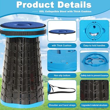 Складаний стільчик Alevmoom: міцний, телескопічний, з подушкою, 50 см, 450 кг, для риболовлі та кемпінгу (синій)