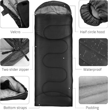 Спальний мішок Outdoor для кемпінгу 3 сезони, дорослий, 2 в 1, теплий, легкий, водонепроникний, для подорожей, хайкінгу та туризму, чорний