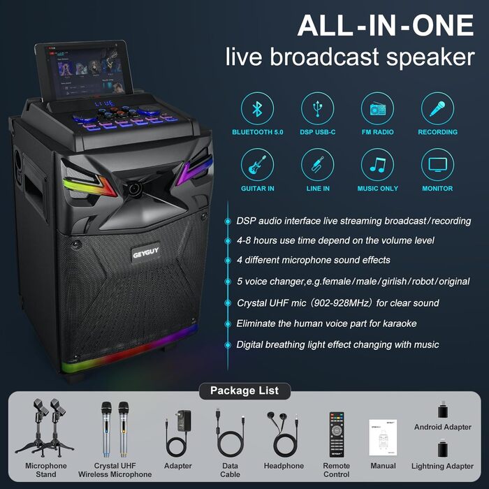 Портативна караоке система з Bluetooth та 2 мікрофонами, 2 x 10” динаміки, USB-C запис, світлові ефекти, FM, підтримка TV/проектора, GTSK210-1