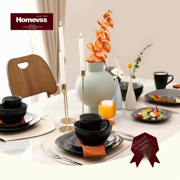 Набір посуду HomeVss Sonoma 16 предметів, кераміка, чорний з крапками, квадратний сірий