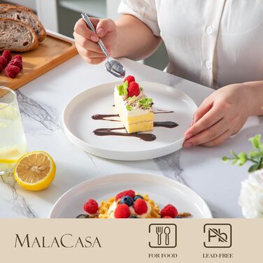 MALACASA Серія Leah, Сервіз для 12 осіб, Посуд з порцеляни, Білий, 12 тарілок для вечері, 12 тарілок для десерту, 12 кавових чашок, 12 глибоких тарілок, кремовий колір