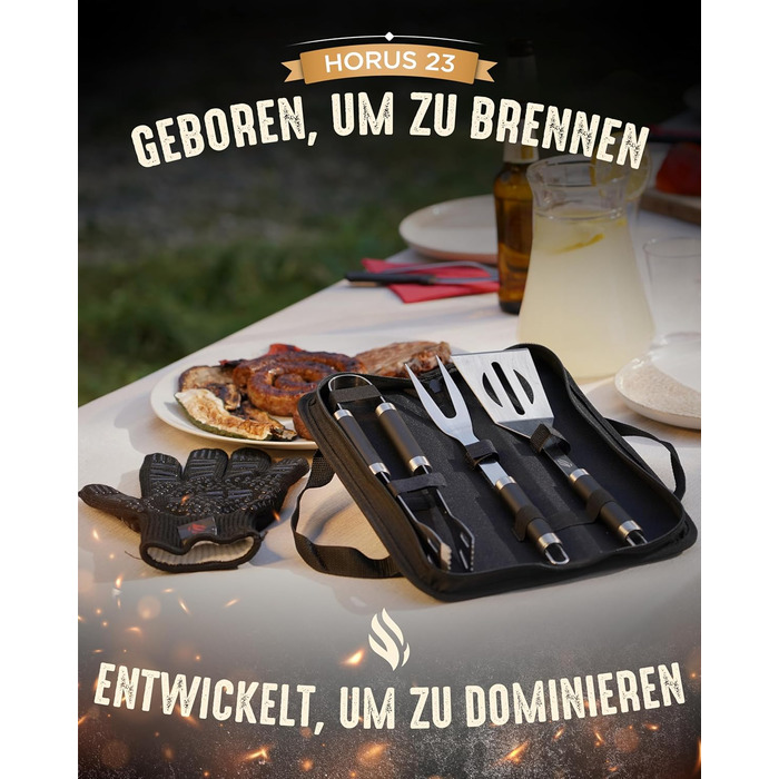 HORUS 23 Набір аксесуарів для гриля – 4 предметний набір: щипці, лопатка, виделка та термостійкий рукавичка