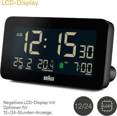 Braun Digital Alarm Clock with Date, Month, and Temperature Display, Negative LCD Display, Quick Set Function, and Gradual Alarm Sound in Black, Model BC10B.