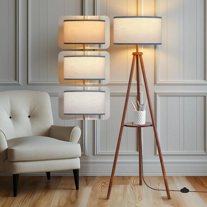 Стельова лампа з полицею, пульт дистанційного керування, 3 колірні температури, тринога, для вітальні, спальні, офісу (горіх), бежевий абажур