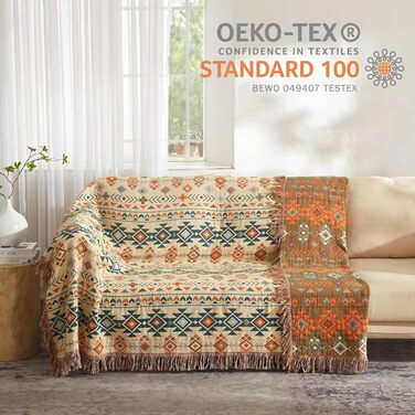 Плед Boho Softexly з 100% бавовни – двостороння муслінова ковдра 150x200 см, м'який плед на диван та покривало на ліжко, естетичний дизайн, ідеально для вітальні та спальні, помаранчево/блакитний (150 x 200 см, стиль модерн)