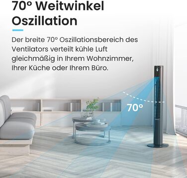 Турбовентилятор Pro Breeze з пультом керування, 70° осциляція, 3 режими, таймер 14 годин, 45W, 117см, 4 режими, режим сну - чорний