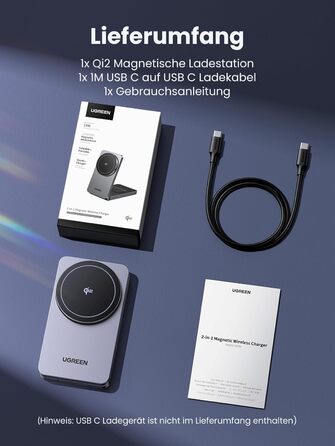 Зарядний пристрій UGREEN MagFlow Qi2 з підтримкою MagSafe, 15W, 2-в-1, для iPhone 17/16/15/14/13/12, AirPods 2/3, з кабелем 1м