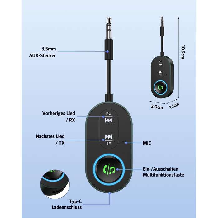 Bluetooth 5.3 адаптер 2-в-1: трансмітер та ресивер для передачі аудіо, чорний
