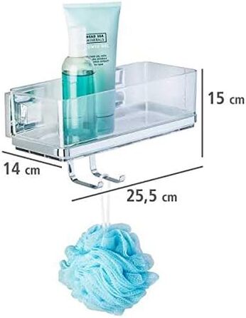 WENKO Vacuum-Loc Bathroom Wall Shelf Quadro with Hooks, 2 Tiers, with Removable Bowl, Mounting without Drilling, Stainless Steel/Plastic, 25.5 x 15 x 14 cm