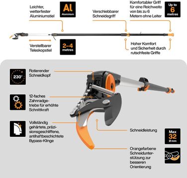 Телескопічний сучкоріз Fiskars UPX86 для свіжих гілок, антиадгезійне покриття, сталева лезо, алюмінієва ручка, 2,4–4 м, чорний/помаранчевий