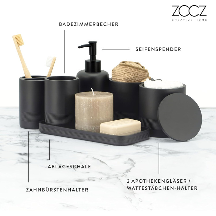 Набір аксесуарів для ванної кімнати ZCCZ 6 предметів – органайзер для ванної з тримачем для зубних щіток, дозатором мила, поличкою для косметики та 2 тримачами для ватних паличок – Сучасна чорно-матова декор для ванної кімнати