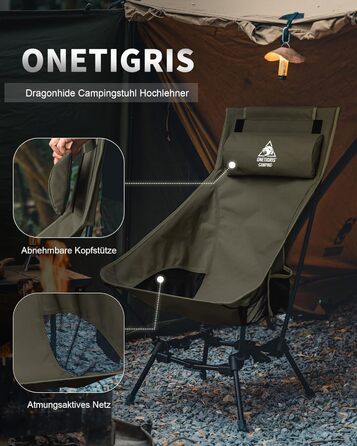 Стілець для кемпінгу OneTigris DRAGONHIDE, висока спинка, 125 кг, складний, легкий, для риболовлі з 2 кишенями, для відпочинку на природі, піших прогулянок (Ranger Green)