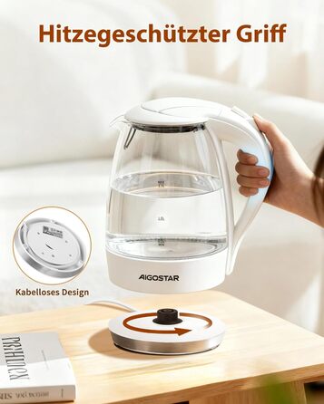 Електричний чайник Aigostar 1.7 л, 2200 Вт, зі скляною колбою, LED-підсвічуванням, без BPA, з фільтром від накипу, чорний (Eve)