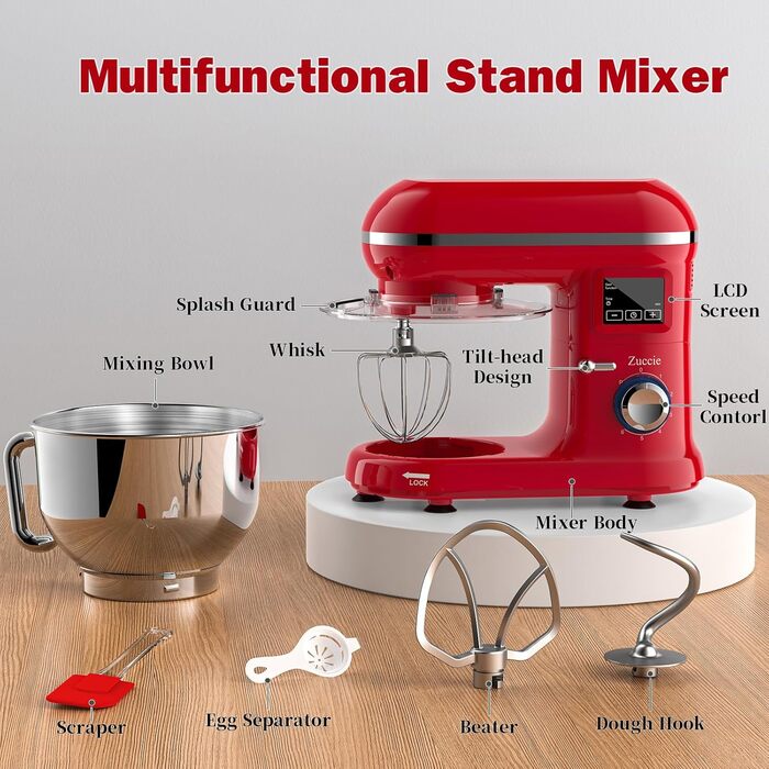 Kitchen Machine Zuccie Stand Mixer 1500W 5.5L Kitchen Machine 6 Speeds Dough Mixer with Dough Hook, Beater, Whisk and Splash Guard (red)…