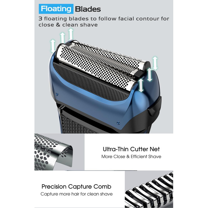 Електрична бритва чоловіча з 3 гнучкими лезами та тримером, синя. Бритва для вологого та сухого гоління, з кейсом для подорожей, акумуляторна, 120 хв роботи. Подарунок для чоловіків