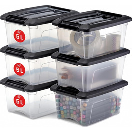 Iris Ohyama Storage Boxes with Lids, 60L, Set of 4, Black, Secure Closure, Stackable, Handles, for Bedroom, Closet, Office, Organization, BPA-Free Plastic, Storage Boxes, NTB-60 (5L / 6-Piece Set)