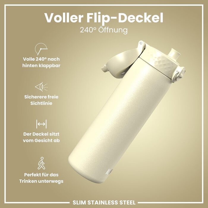 Ion8 Stainless Steel Drinking Bottle, 600 ml, Leak-Proof, One-Hand Operation, Secure Locking Mechanism, Dishwasher Safe, Flip-Top Lid, Carrying Handle, Easy to Clean, Durable & Scratch-Resistant (Stainless Steel, Creamy White)