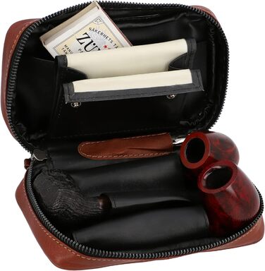 Gusti Pipe Pouch Leather - Diego Men's and Women's Pipe Pouch for 3 Pipes, Extra Tobacco Compartment, Interior Made of Natural Rubber, Pipe Bag Brown Leather