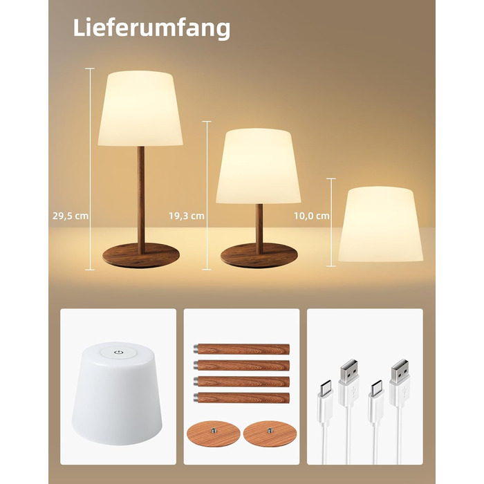 Світлодіодні настільні лампи EZVALO бездротові, 2 шт., IP65, USB-C, димування, 3 режими кольору, для дому та кемпінгу (дерев'яний колір)