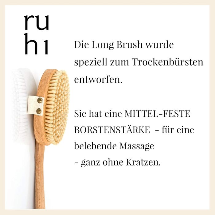 RUHI Body Brush Long / Made in Germany / 100% Natural Bristles, FSC-Certified Beechwood / Back Brush / Plastic-Free for Dry Brushing Massage Back (dry brush back) & against Cellulite